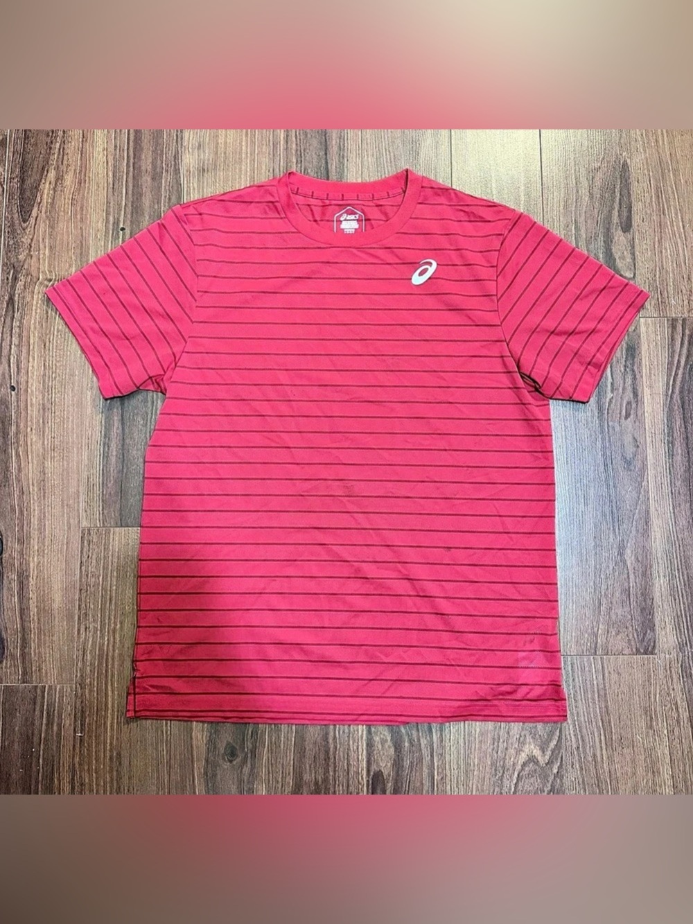 ASICS Stripe Short Sleeve Tee Striped Athletic Tee Pink Large